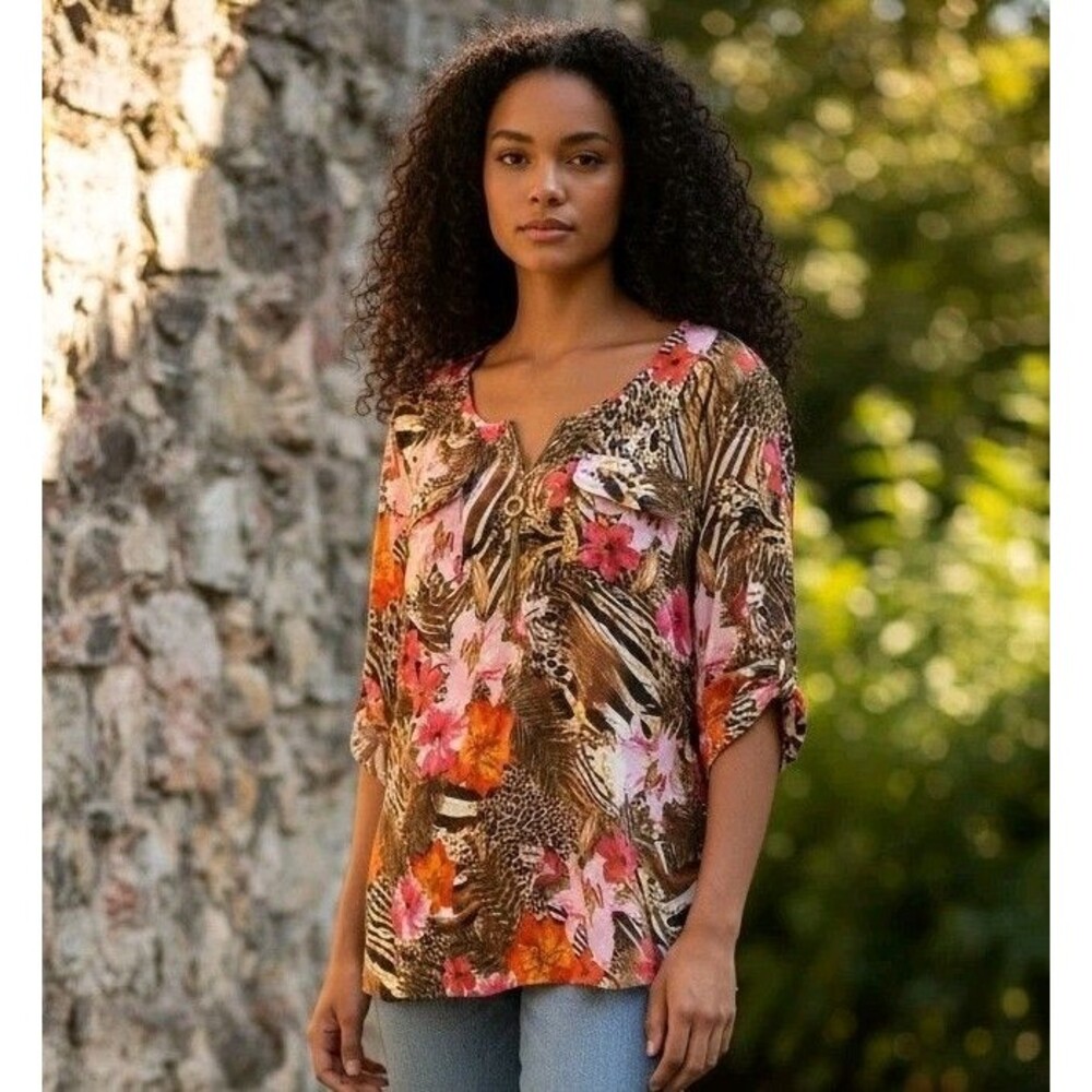 CATHY Tropical/Hawaiin‎ Floral Animal Print Linen Blend Tunic Top Size Medium
